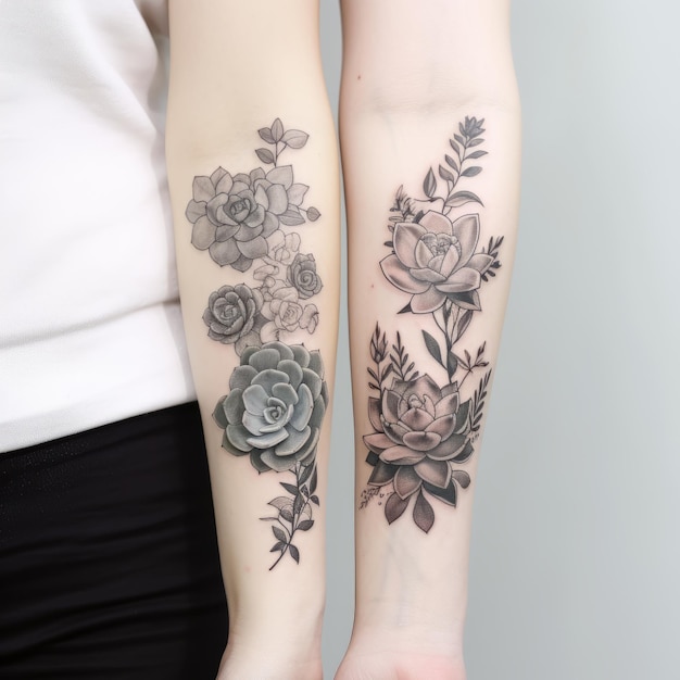 Black And Gray Succulent Tattoos Split Toning Flower Patterns High Quality Photo