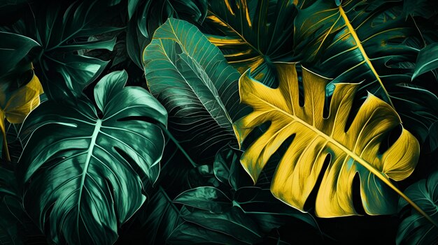 A black and green background with a yellow and green leaf pattern.