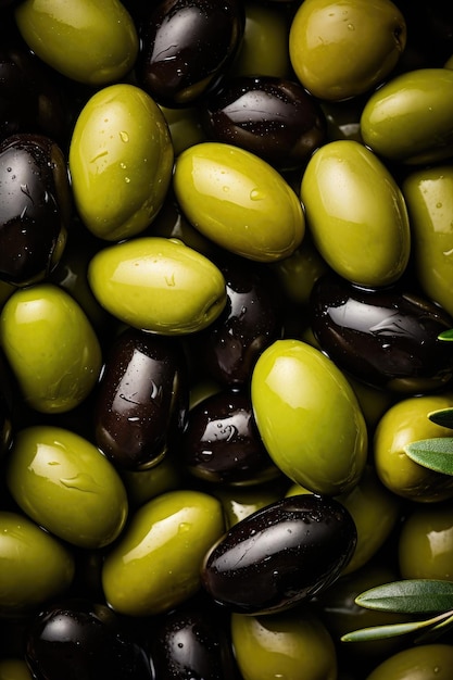 Black and green olives close up Generative ai