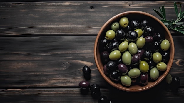 Black and green olives in wooden bowls and background Top view on black Generative AI