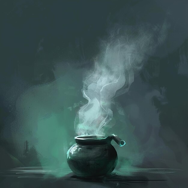 a black and green picture of a pot with steam coming out of it