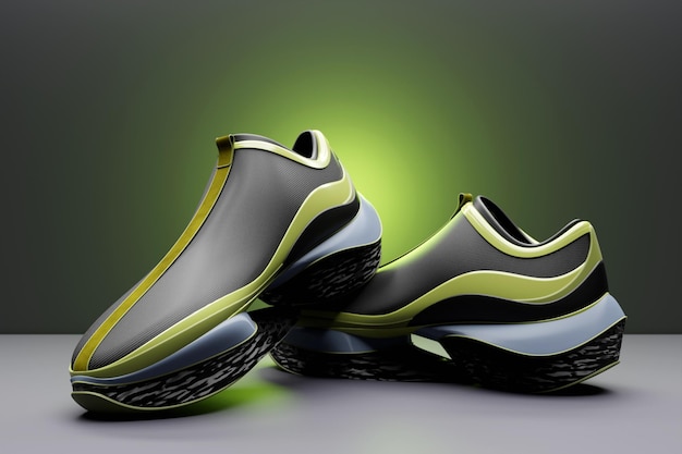 Black and green sneakers on the sole The concept of bright fashionable sneakers 3D rendering