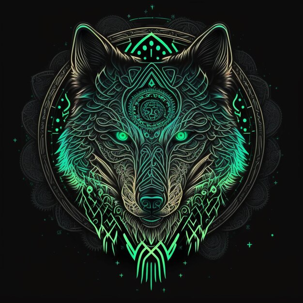 A black and green wolf head with a circular design generative ai