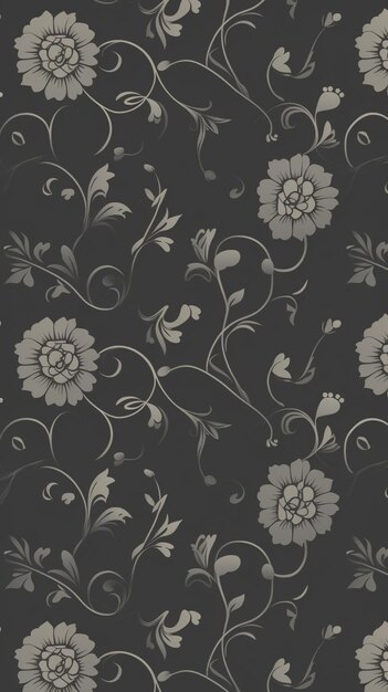 Premium AI Image | A black and grey floral wallpaper with a floral pattern.