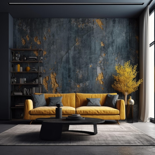 Black and grey luxurious living room with yellow sofa and dark decorative Crack dark concrete