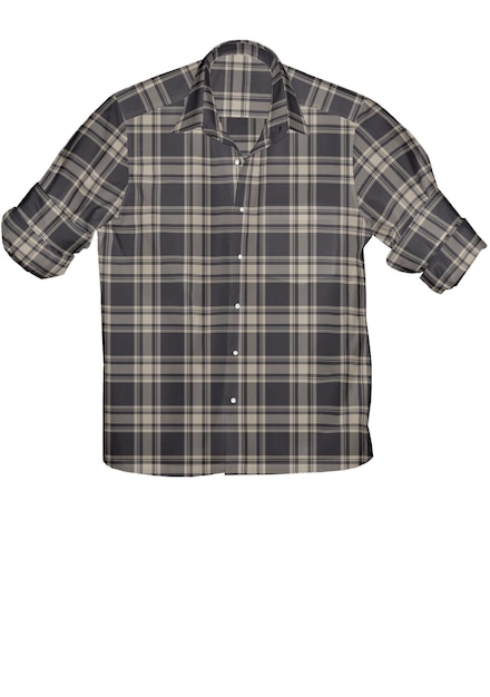 A black and grey plaid shirt with a white background