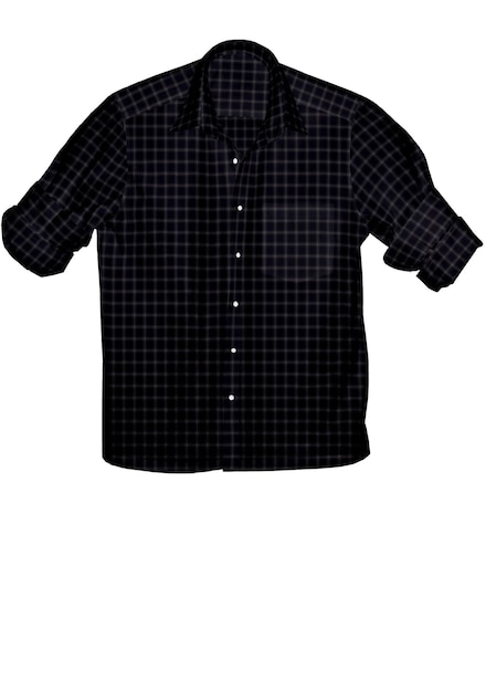 A black and grey shirt with a black and white pattern is hanging from a white background.