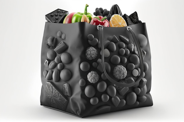 A black grocery bag filled with a colorful assortment of fresh vegetables and fruits