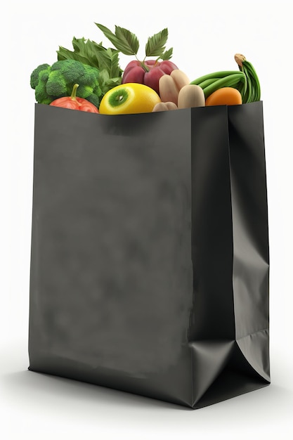 A black grocery bag filled with a colorful assortment of fresh vegetables and fruits