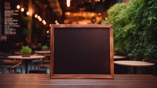 Photo black grunge menu frame board stand on the wooden table at cafe or restaurant blank store signage