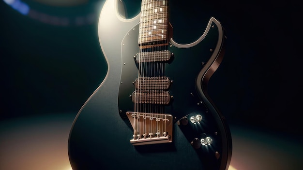 Черная гитара с черным корпусом и надписью "гитара" на ней.