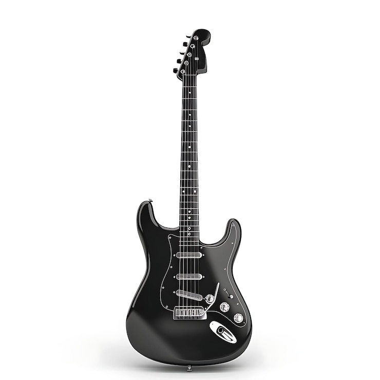 Photo a black guitar with a white background and a white background