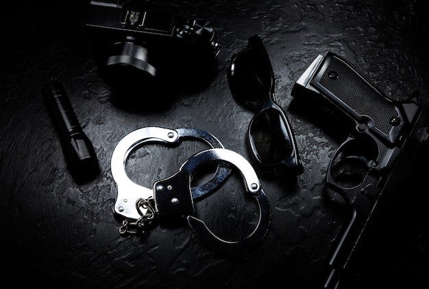 Black gun flashlight glasses camera and Police metal real handcuffs lie on the black background Private detective work Searching information Crime and robbery prison concept