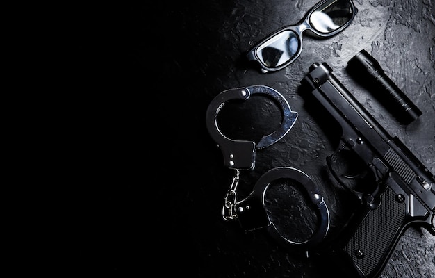 Photo black gun flashlight glasses and police metal real handcuffs lie on the black background private detective work searching information crime and robbery prison concept