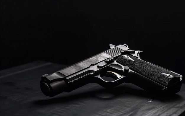 A black gun is laying on a black surface.