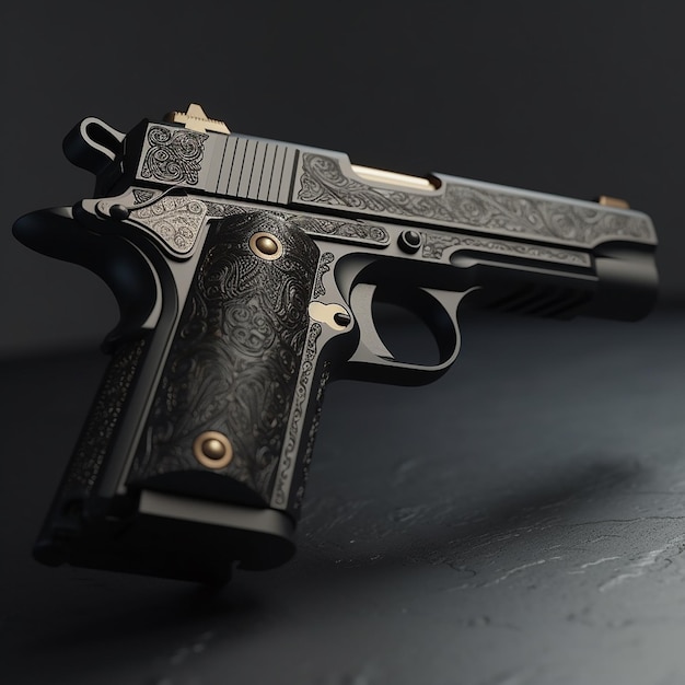 A black gun with a black background and the word gun on it