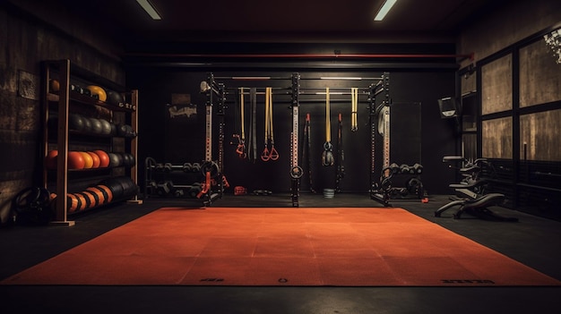 'gym'이라는 단어가 적힌 빨간 매트가 깔린 검은색 체육관