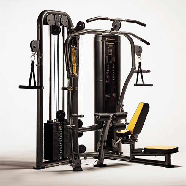 A black gym with a yellow gym equipment on it