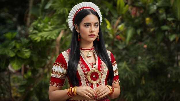 Black haired indian young woman dressed in a traditional fashionable costume