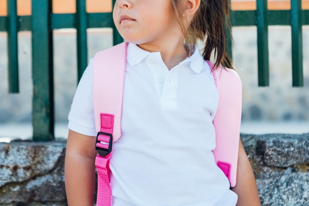 A black-haired little girl near a fence