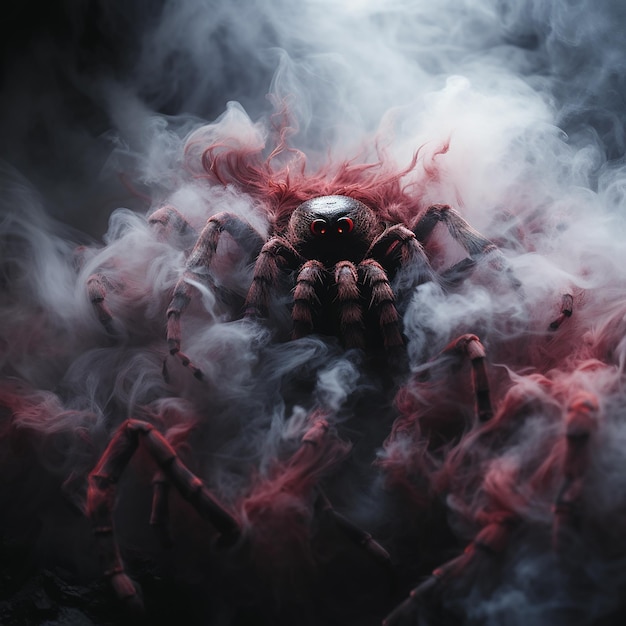 Black hairy spider with red eyes in smoke and fire on black scary background for halloween horror