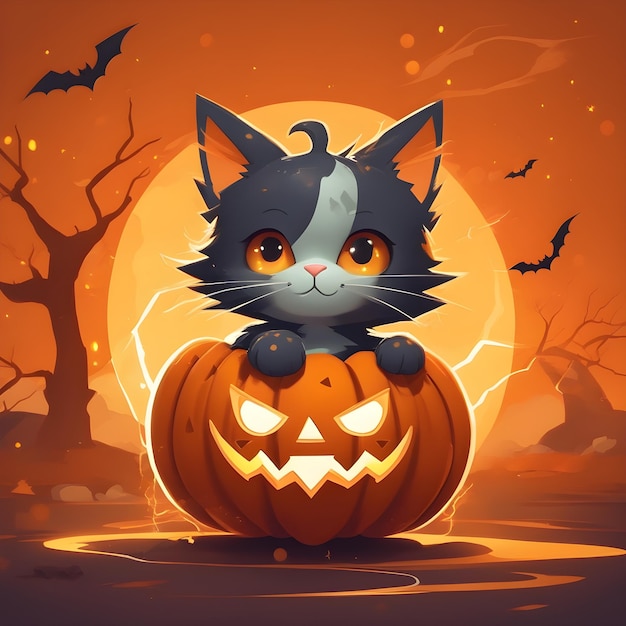 A black halloween kitty with captivating orange eyes in halloween ready to enjoy the festivities