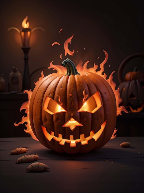 Foto zucca nera di halloween nel fuoco