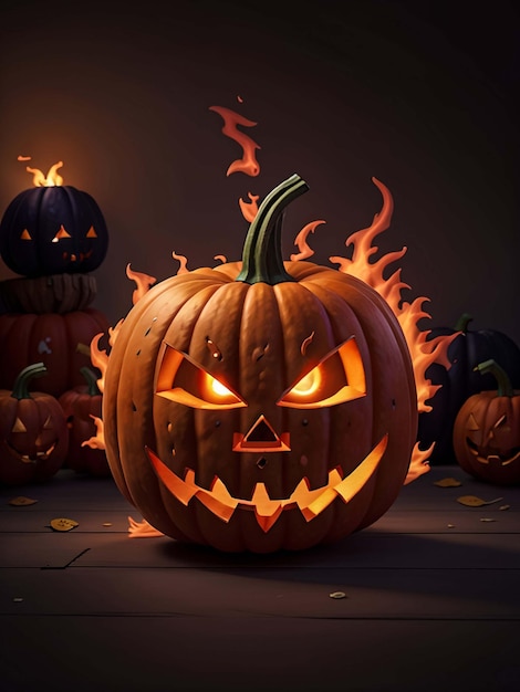 Foto zucca nera di halloween nel fuoco