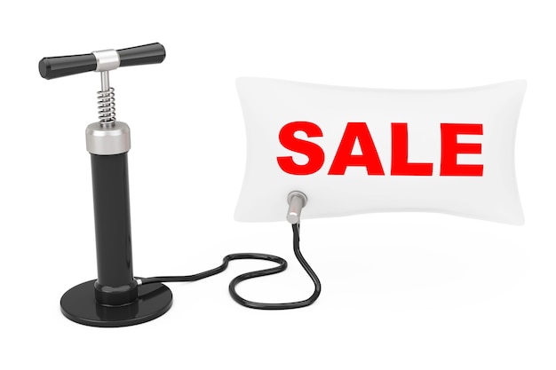 Black Hand Air Pump Inflates Balloon with Sale Sign on a white background. 3d Rendering