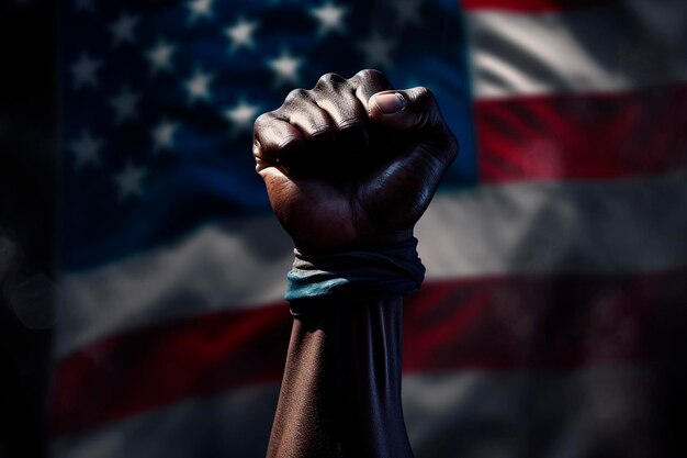 Photo a black hand fist raised in solidarity accompanied by the vibrant colors of the united states flag