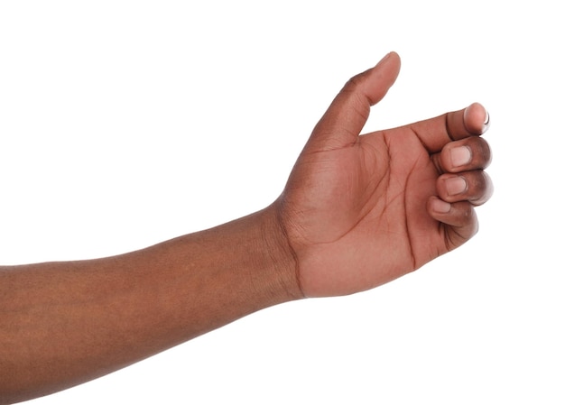 Black hand with virtual smartphone isolated on white background. African american man holding card, phone or other, void