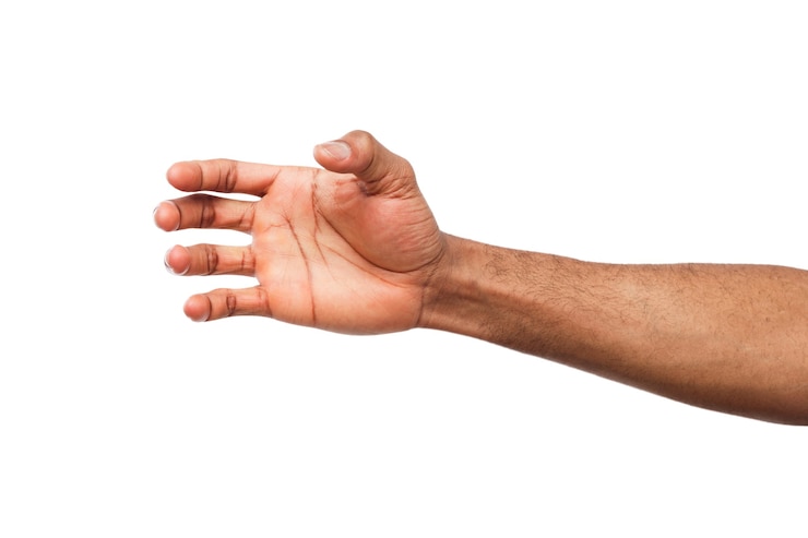 Photo black hand with virtual smartphone isolated on white background. african american man holding card, phone or other, void