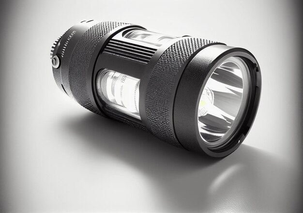 Black handheld flashlight on a white background