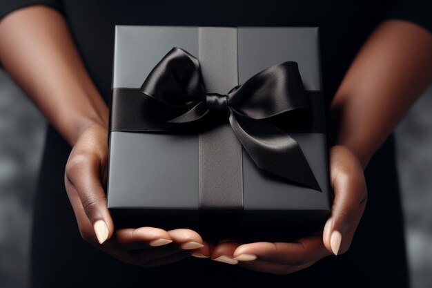 Black hands close up with white gift box and ribbon