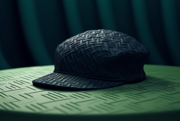 Photo a black hat is on a table with a green background.