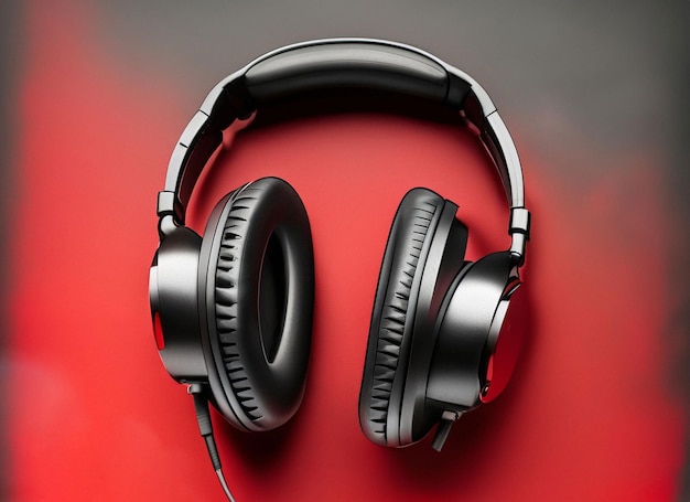 Black headphones on red and black background top view copy space for text