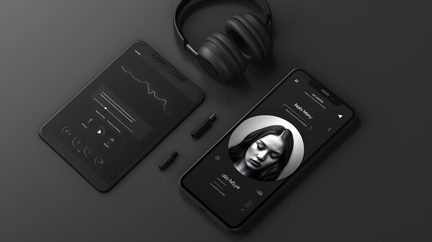 黒いヘッドフォンとスマートフォンで,画面にミュージックプレーヤーアプリがあります. 暗い背景. 音楽を聴く概念.