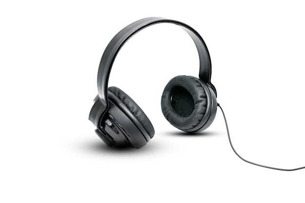 Black headphones on white background.