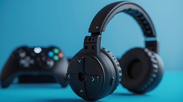 Black headphones with a microphone and a black video game controller on a blue background