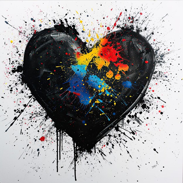 Black heart with multicolored paint splashes The concept of creativity and emotions