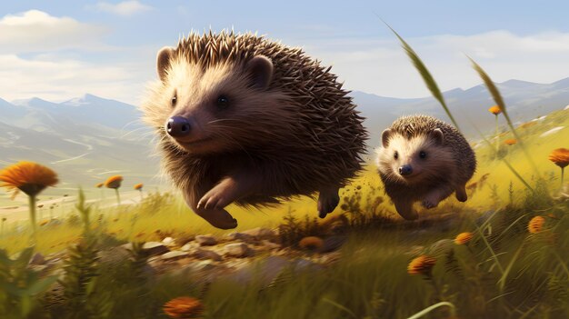 Black hedgehog parent and child beautiful grassland