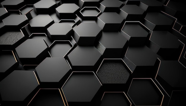 A black hexagon background with a gold border