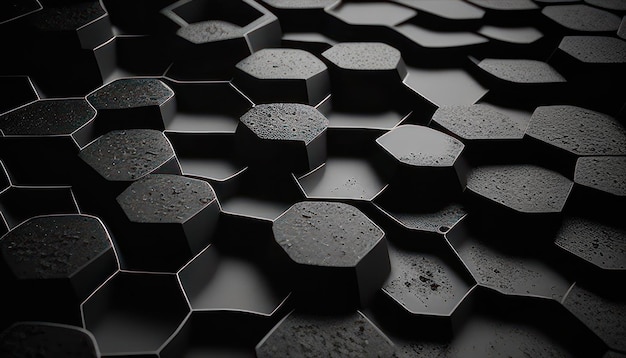 A black hexagons background with the word hexagons on it.