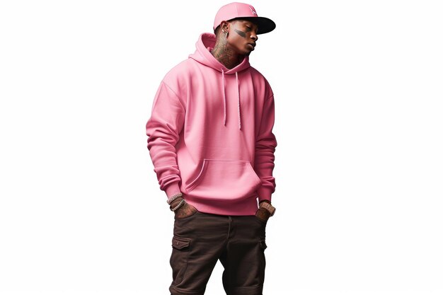 Black hiphop man in a pink hoodie and tattoos standing in a studio with white background full body portrait