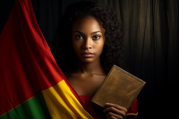 Black history day african flag a black man and woman are reading a book dark background