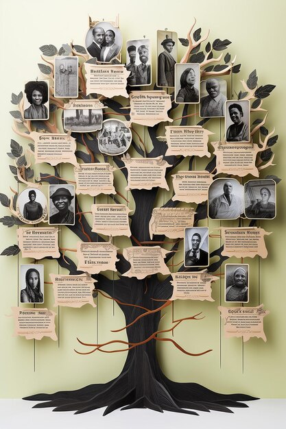 Foto un poster 3d del mese della storia nera con un albero le cui radici e rami formano i nomi di importanti personaggi