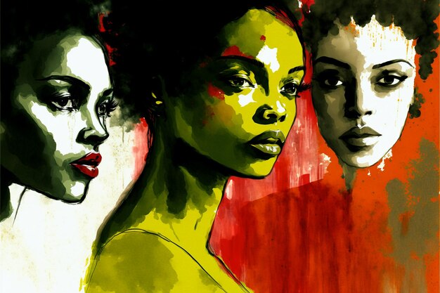 Black History Month concept Watercolor painting of three arfoamerican women portraits Generative AI