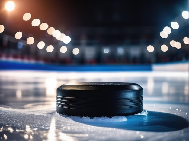 Фото Черная хоккейная шайба на ледовом катке размытая освещенная ночная крытая спортивная арена