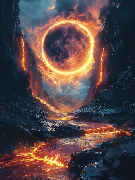 Black hole absorbing a river of lava where fire meets the void in a futuristic landscape