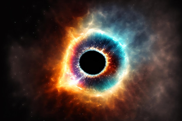 A black hole in the sky with a bright orange and blue eye